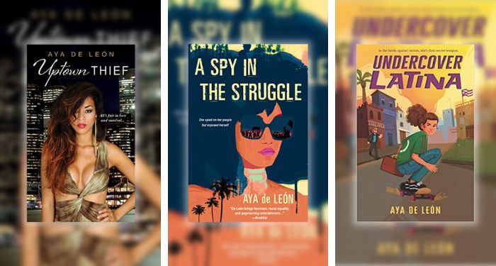 collage of three covers of books by Aya de León