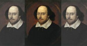 three repeating images of a portrait of William Shakespeare