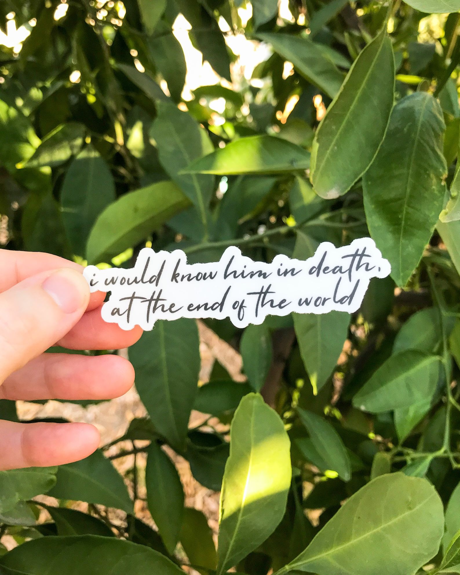 black and white sticker of cursive text reading "I would know him in death, at the end of the world"