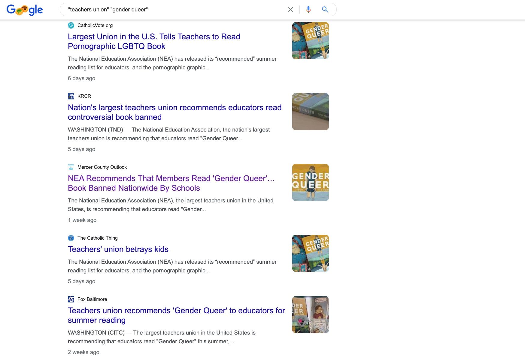 Google search results for "teachers union" and "gender queer."