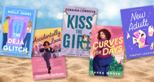 a collage of five of the covers listed against a beach background