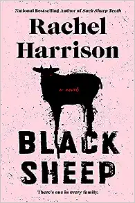 cover of Black Sheep by Rachel Harrison; pink with black splatter image of a sheep with red eyes
