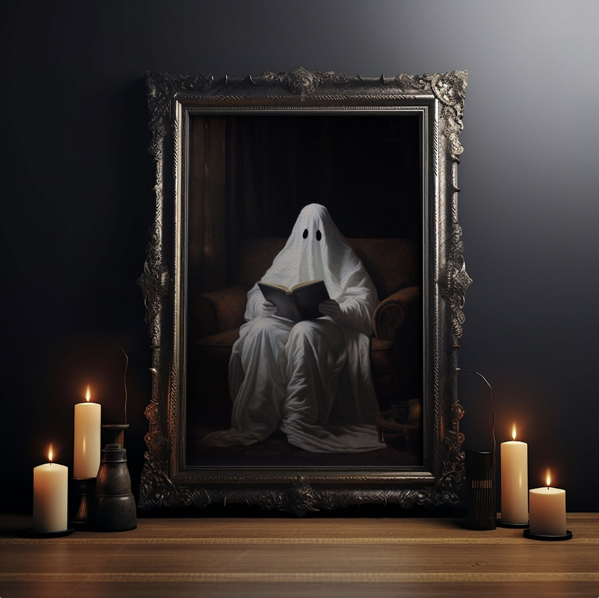 A painting of a ghost in a white sheet with eye holes seated and reading a book, in an ornate silver frame surrounded by candles