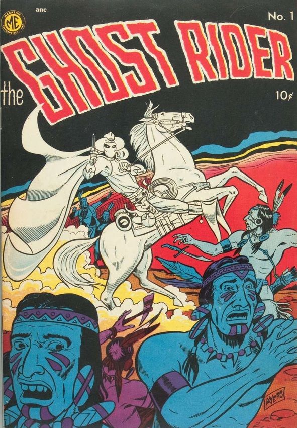 The Ghost Rider #1 cover, showing Ghost Rider as a cowboy chasing down scared Indigenous people wearing feathers and face paint