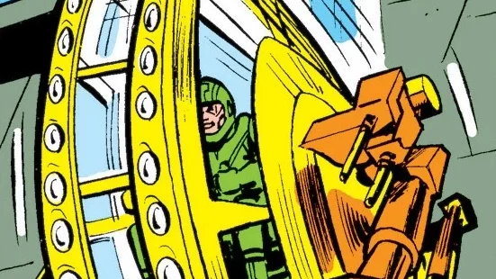 Art of a man in a green suit driving a giant yellow wheel from the inside