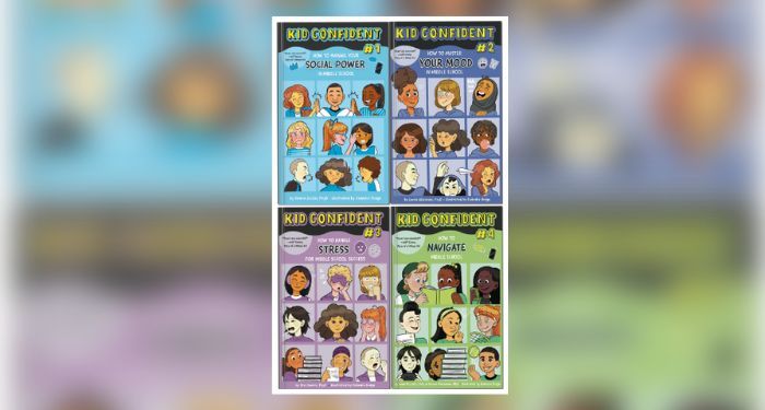 Book covers of the KID CONFIDENT series: Kid Confident Book 1 by Bonnie Zucker, Kid Confident Book 2 by Lenka Glassman, Kid Confident Book 3 by Silvi Guerra, Kid Confident Book 4 by Anna Pozzatti and Bonnie Massimino