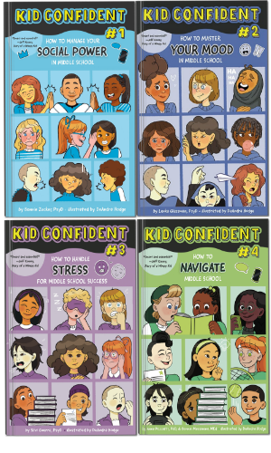 Book covers of the KID CONFIDENT series: Kid Confident Book 1 by Bonnie Zucker, Kid Confident Book 2 by Lenka Glassman, Kid Confident Book 3 by Silvi Guerra, Kid Confident Book 4 by Anna Pozzatti and Bonnie Massimino