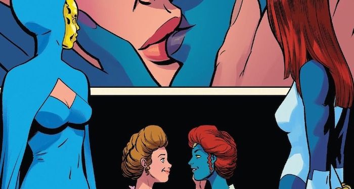 a comics panel of Mystique and Destiny kissing