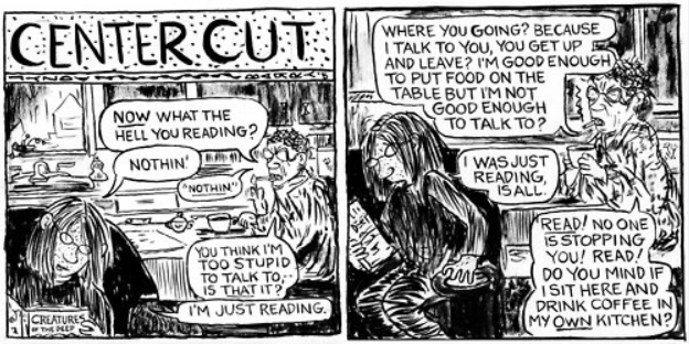 two panels from Ernie Pook’s Comeek showing someone reading and an older woman harassing her about what she's reading