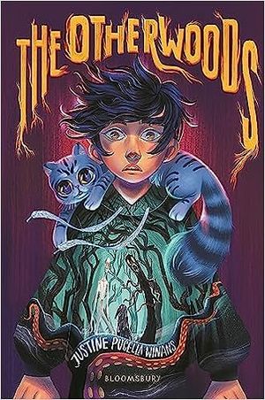 cover of The Otherwoods by Justine Pucella Winans; illustration of a young person with dark hair, with a blue cat sitting on their shoulders and the image of a scary forest on their shirt