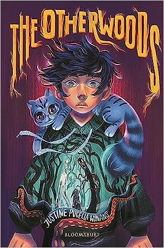 cover of The Otherwoods by Justine Pucella Winans; illustration of a young person with dark hair, with a blue cat sitting on their shoulders and the image of a scary forest on their shirt