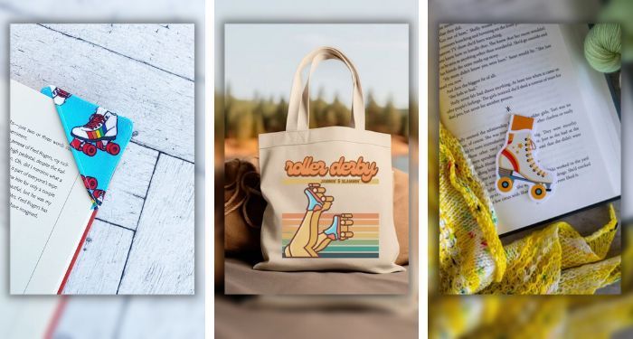 collage of three bookish roller derby-themed accessories: a magnetic bookmark, a corner bookmark, and a tote bag
