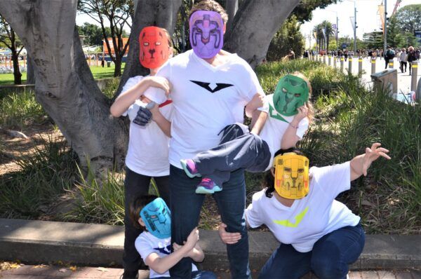 family cosplay with voltron face masks