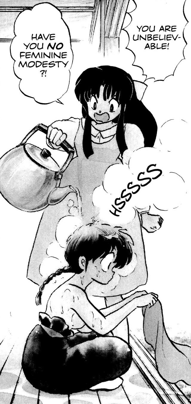 A panel from Ranma 1/2 of Akane pouring hot water over a topless Ranma while saying, 
