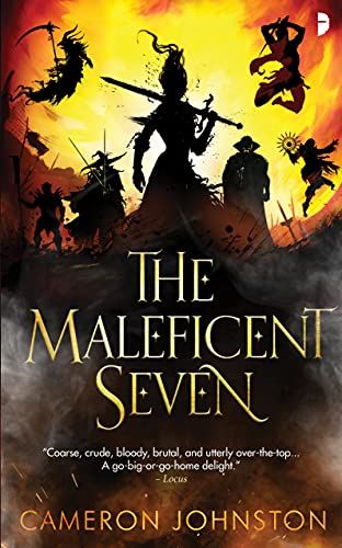cover of The Maleficent Seven by Cameron Johnston; image of outline of creatures against a burning background