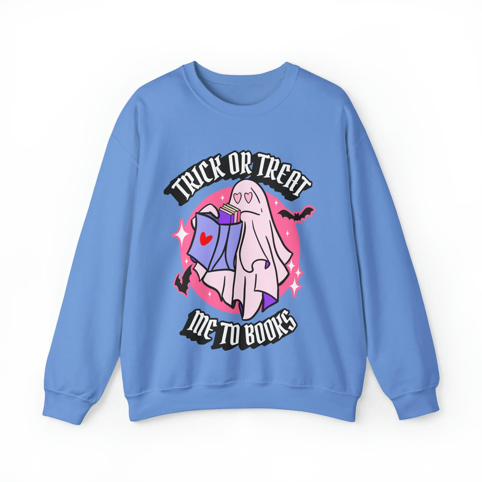 Image of a ghost trick or treating on a blue sweatshirt. It says "trick or treat me to books."