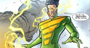 a comic panel showing a Man surrounded by smoke and lightning with a text bubble that reads "Quite the weather we're having"