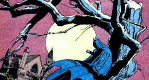 a panel from Batman #237 showing Batman leaning against a tree with the moon and a creepy house behind him