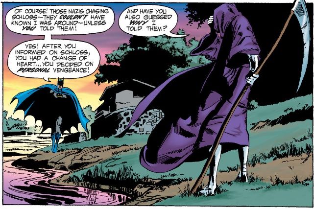 Batman confronts the Grim Reaper by a stream, saying that he knows his identity and that he is out for vengeance.