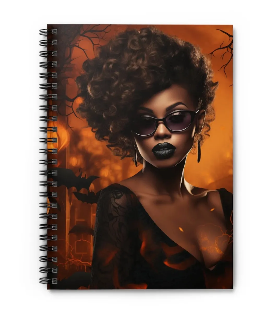 Spiral notebook with bats, twisted branches on an orange background and a Black woman wearing sunglasses
