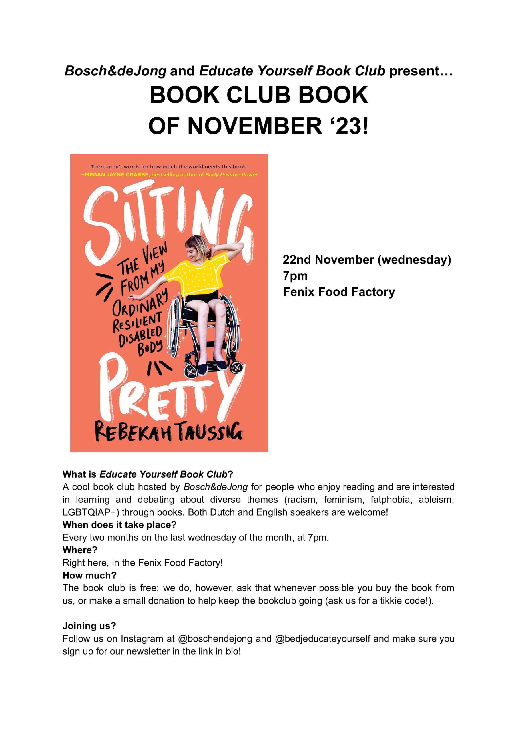 Image of a book club poster announcing the book read for November, with a cover of the book and information about the book club