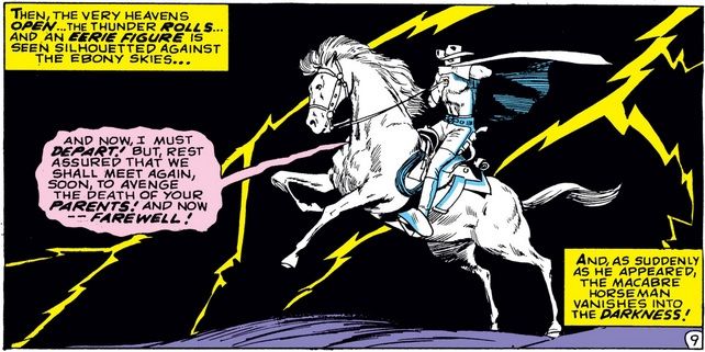Ghost Rider sits atop his white horse, vowing to avenge the death of a young boy's parents, as lightning splits the sky behind him.