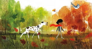 a cropped cover of Goodbye Summer, Hello Autumn by Kenard Pak showing an illustration of a kid and dog walking through an autumnal landscape