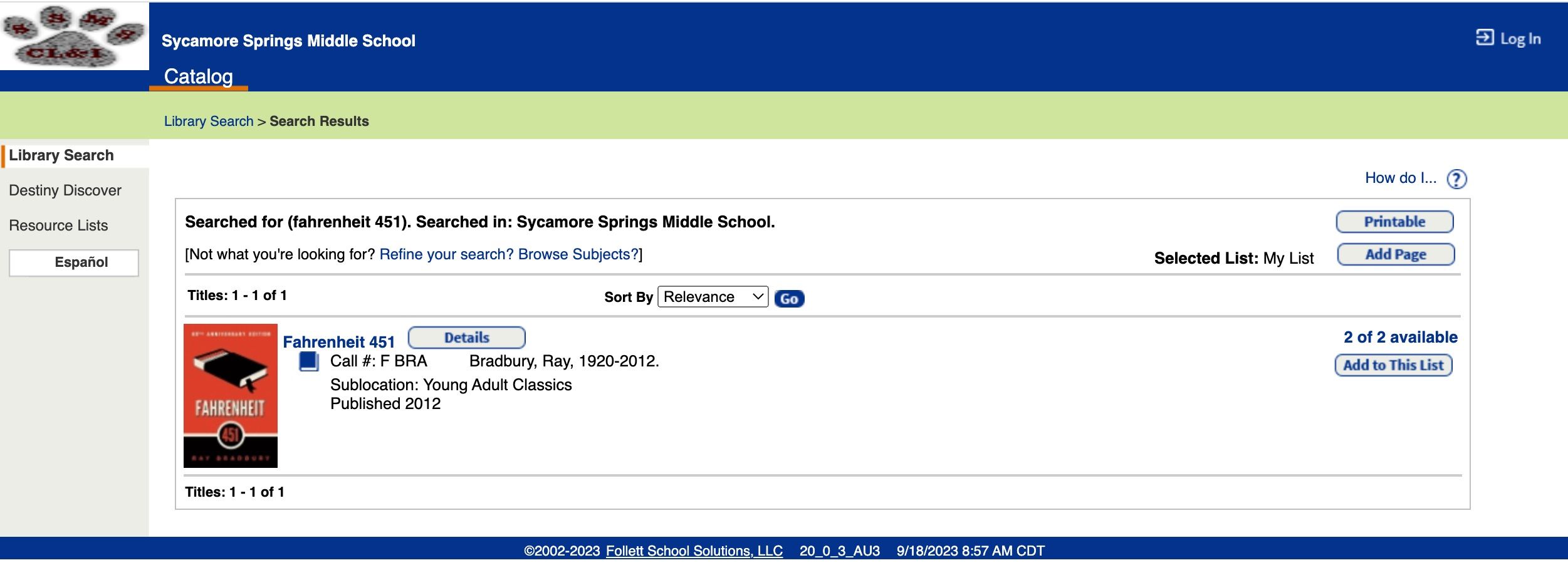 Image of the sycamore springs middle school catalog search for fahrenheit 451.