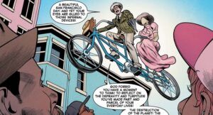 a comics panel that shows On his flying bicycle built for two, Turner D. Century scolds the masses for obsessing over their phones when there is so much wrong with the world.