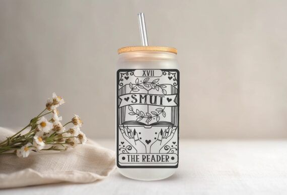 Tarot themed glass cup with a "smut" and "the reader" text