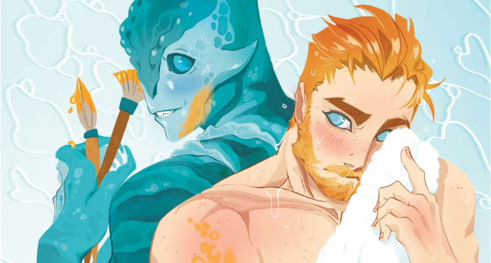 a cropped cover of Tentacles & Triathlons showing an illustration of an anthropomorphic aquatic monster and a human man back to back, turning to look at each other