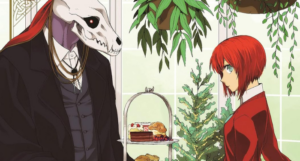 a cropped cover of The Ancient Magus' Bride showing a figure with an animal skull head facing a woman
