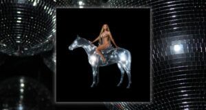cover album art for Beyoncé's Renaissance, showing the artist astride a silver sequin horse