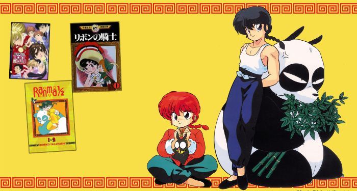 gender in manga pic with the covers of three manga set against a bright Ranma 1/2 backdrop
