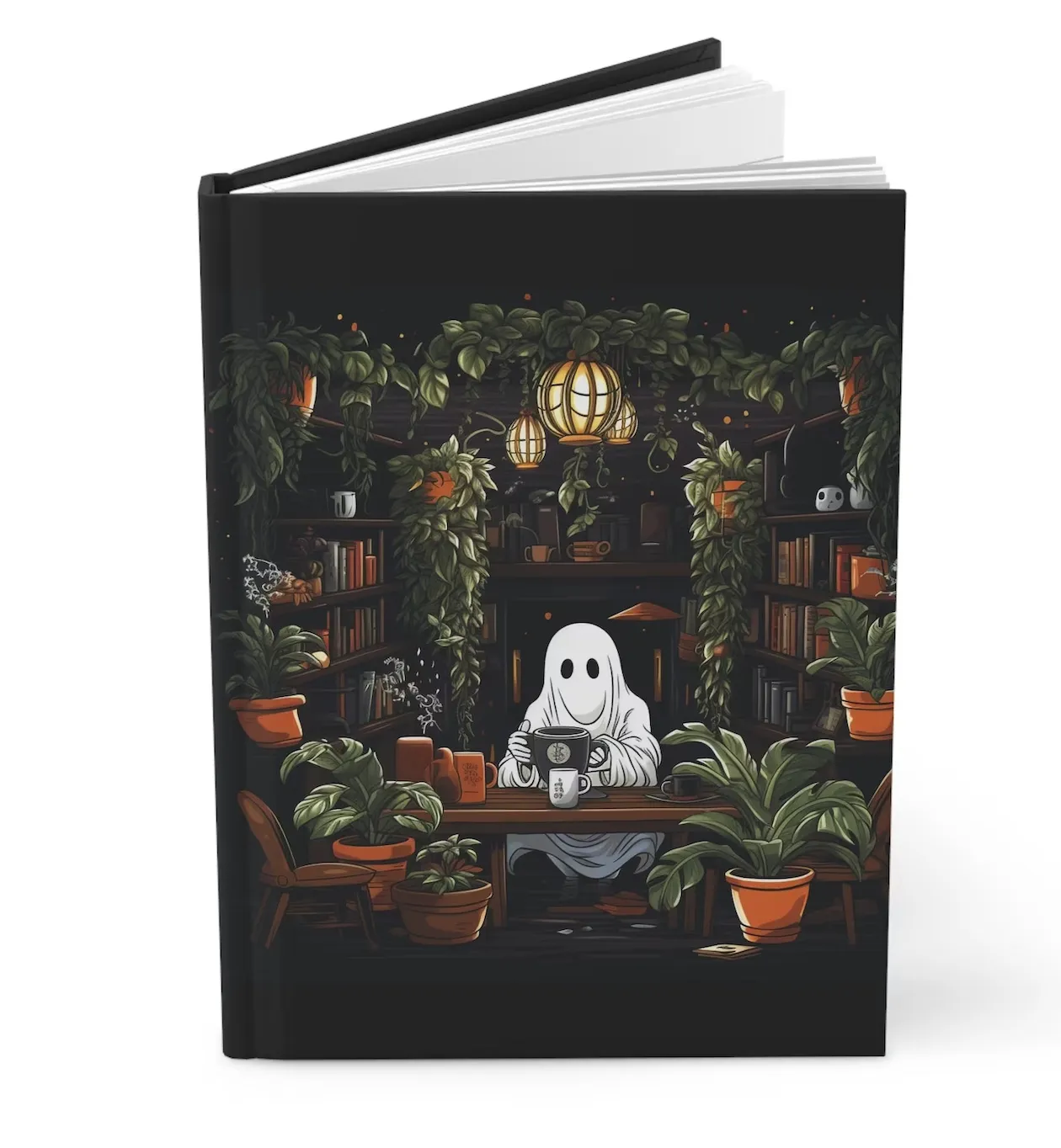 Black journal with a ghost drinking tea in a library with houseplants 