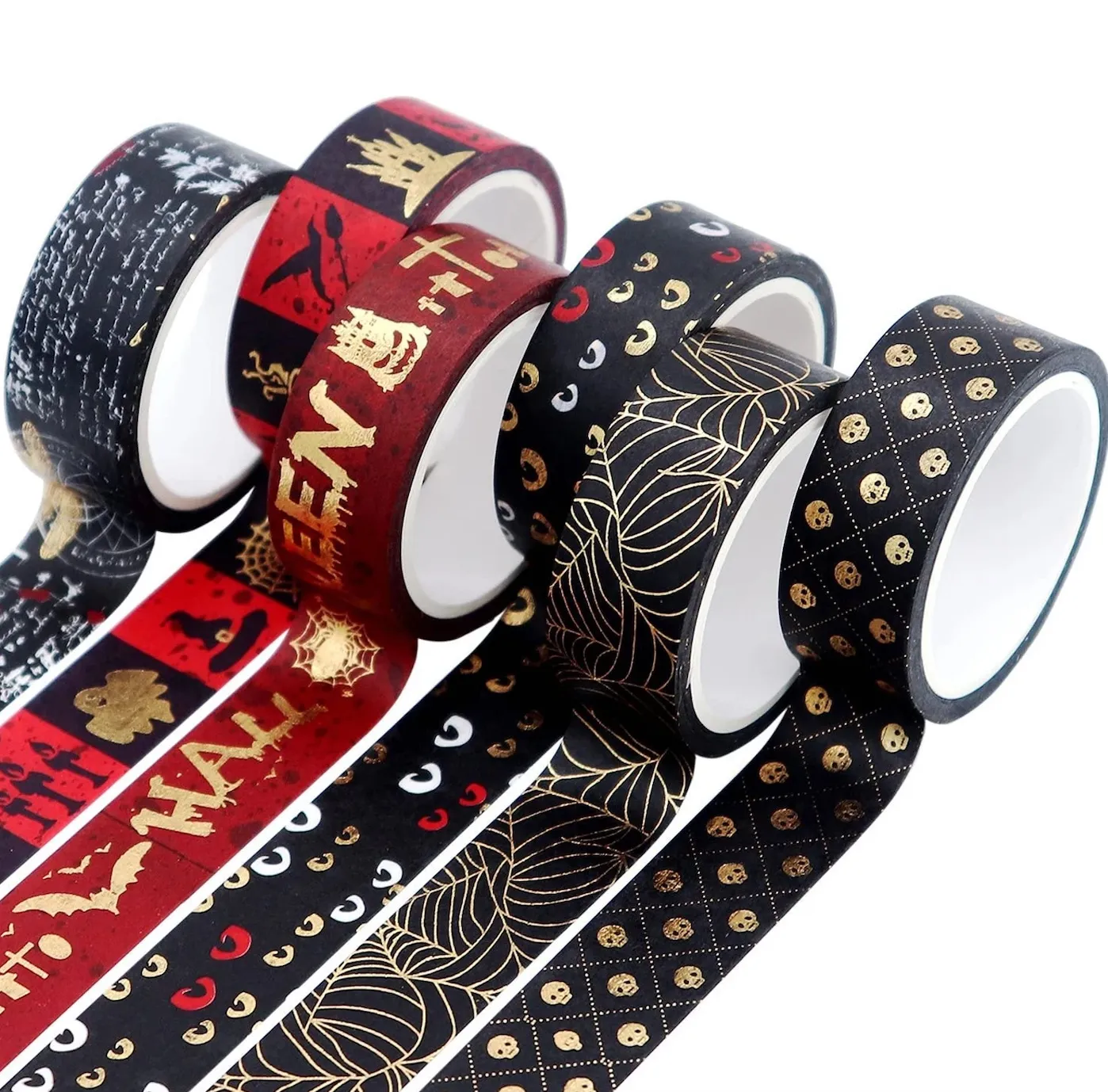6 rolls of washi tape. Black with gold skulls, black with gold spider webs, black with spooky eyes, red with gold Halloween, black with abstract pictures