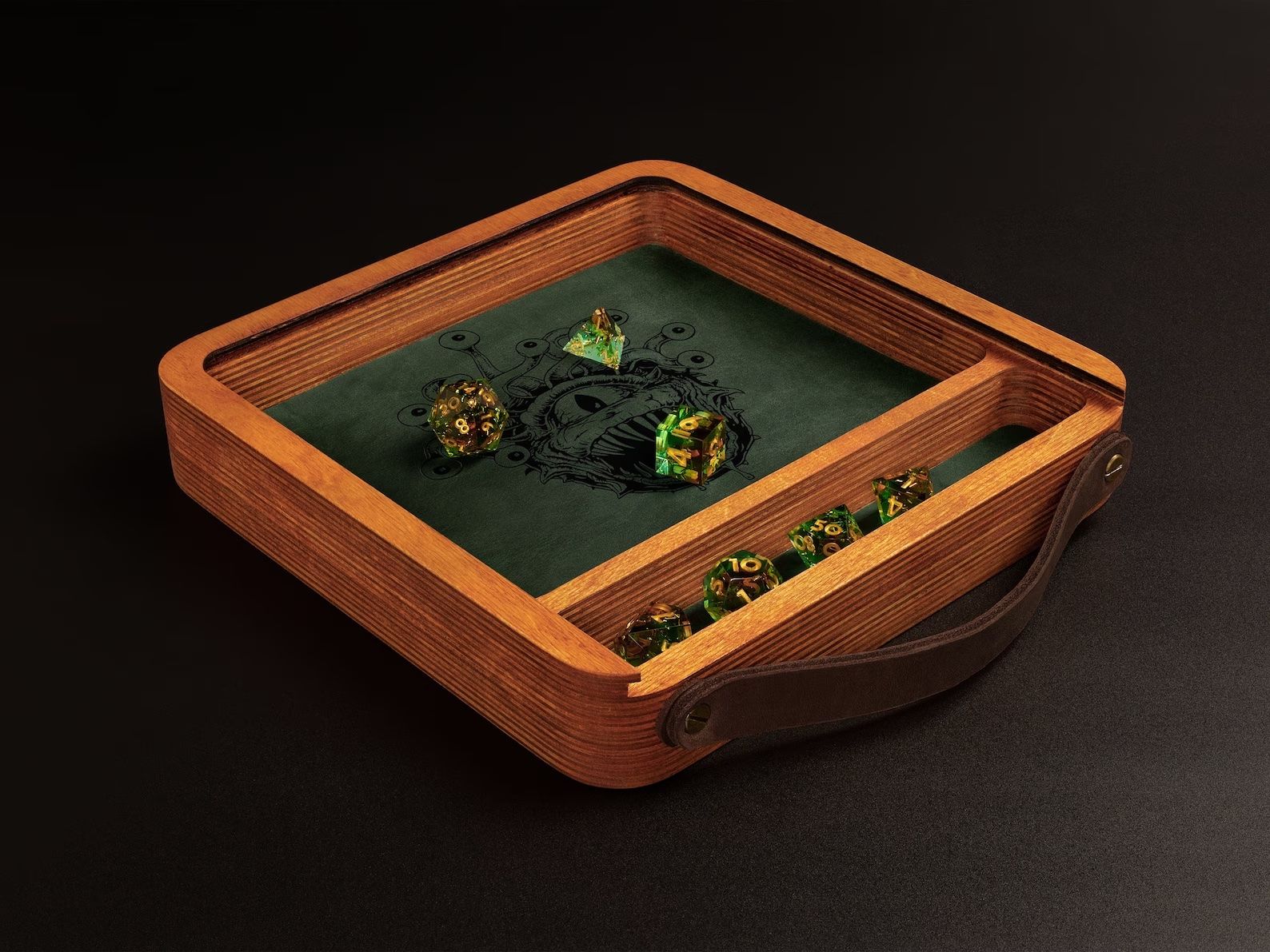 Wooden dice rolling tray and carrying case with dice inside.