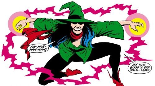 One panel from Suicide Squad #5. The Enchantress crouches, grinning dangerously. She is wearing a green witch's hat and green tunic, black leggings, red pixie boots, and a red scarf. Her hands are glowing with magic.

Enchantress: Ah-hah-hah-hah! My, how good to see you all again!