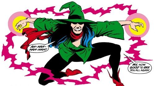 One panel from Suicide Squad #5. The Enchantress crouches, grinning dangerously. She is wearing a green witch's hat and green tunic, black leggings, red pixie boots, and a red scarf. Her hands are glowing with magic.
Enchantress: Ah-hah-hah-hah! My, how good to see you all again!