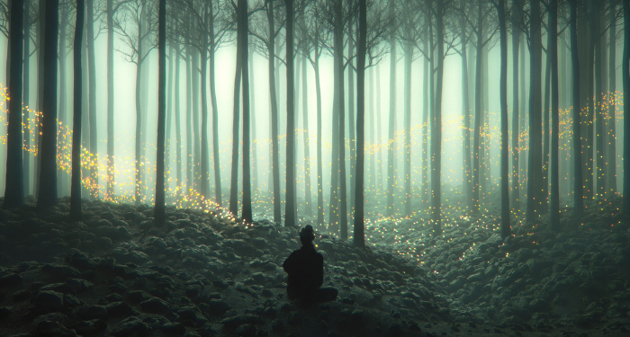 a photo of someone sitting in the forest with lights floating around them