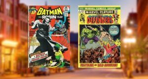 covers of two comics. Batman #237 (December 1971) and Marvel Feature #2 (March 1972) against a blurred background of a street in Rutland, Vermont