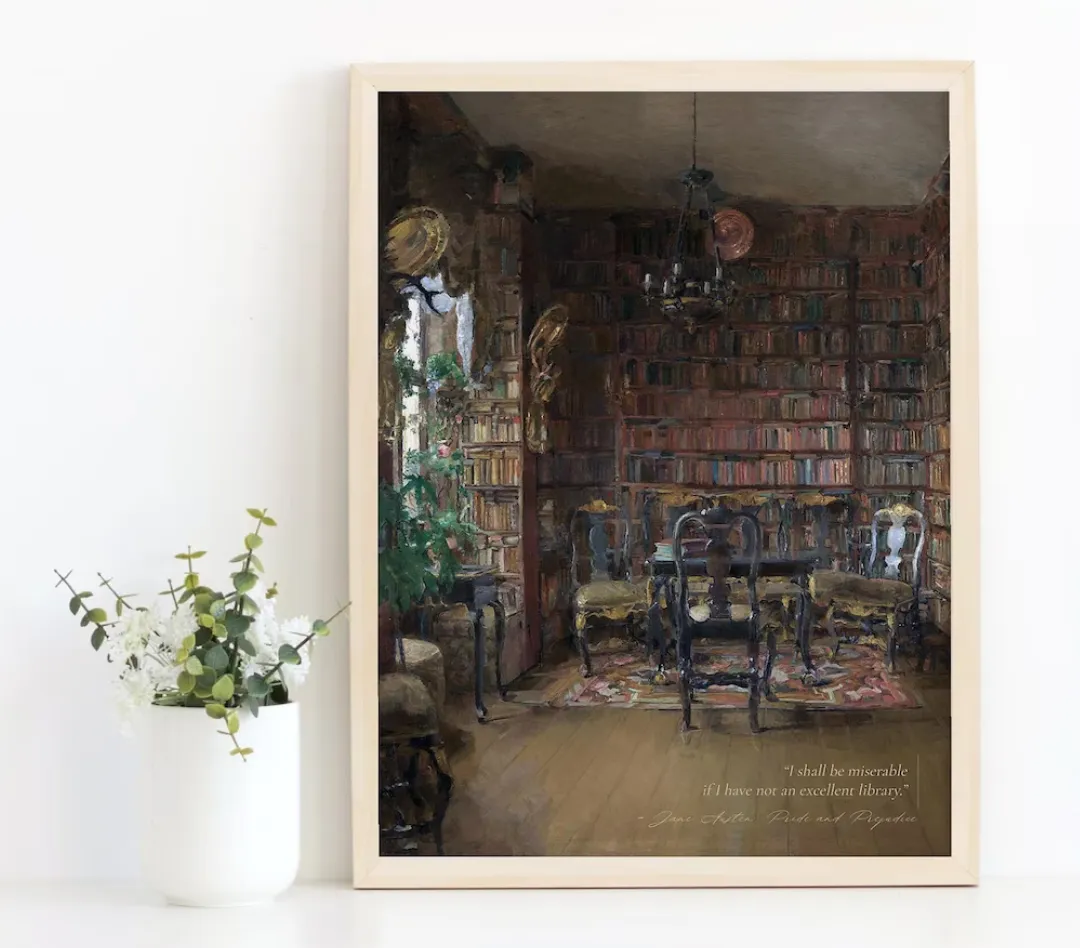 Painting of a library with the quote: 