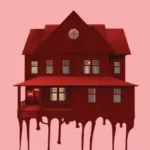 a cropped cover of Just Like Home showing a house dripping in blood against a pink background