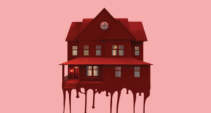 a cropped cover of Just Like Home showing a house dripping in blood against a pink background