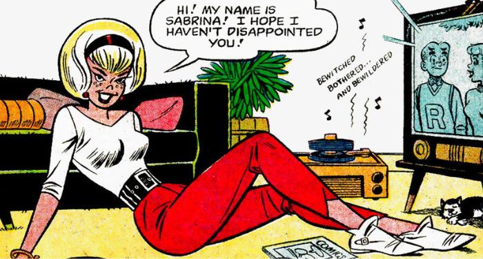 One panel from Archie's Madhouse #22. Sabrina is sitting on the floor in front of the TV, which shows Archie and Betty talking. Sabrina is a cute, blonde teenage girl smiling coyly at the reader and wearing a fashionable white boat neck top and red pedal pushers. She's surrounded by magazines and records. The record player is playing "Bewitched, Bothered, and Bewildered" and her logo is hanging above her head. Sabrina: Hi! My name is Sabrina! I hope I haven't disappointed you!