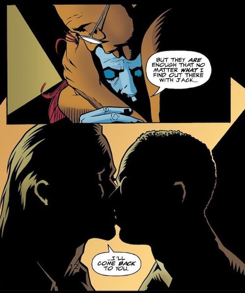 Two panels from Starman #45.
Panel 1: Tony, a Black man wearing glasses, leans down to hug Mikaal around the head and shoulders. Both men have their eyes closed.
Mikaal: But they are enough that no matter what I find out there with Jack...
Panel 2: They kiss, shown mostly in silhouette but still a very clear action.
Mikaal: ...I'll come back to you.