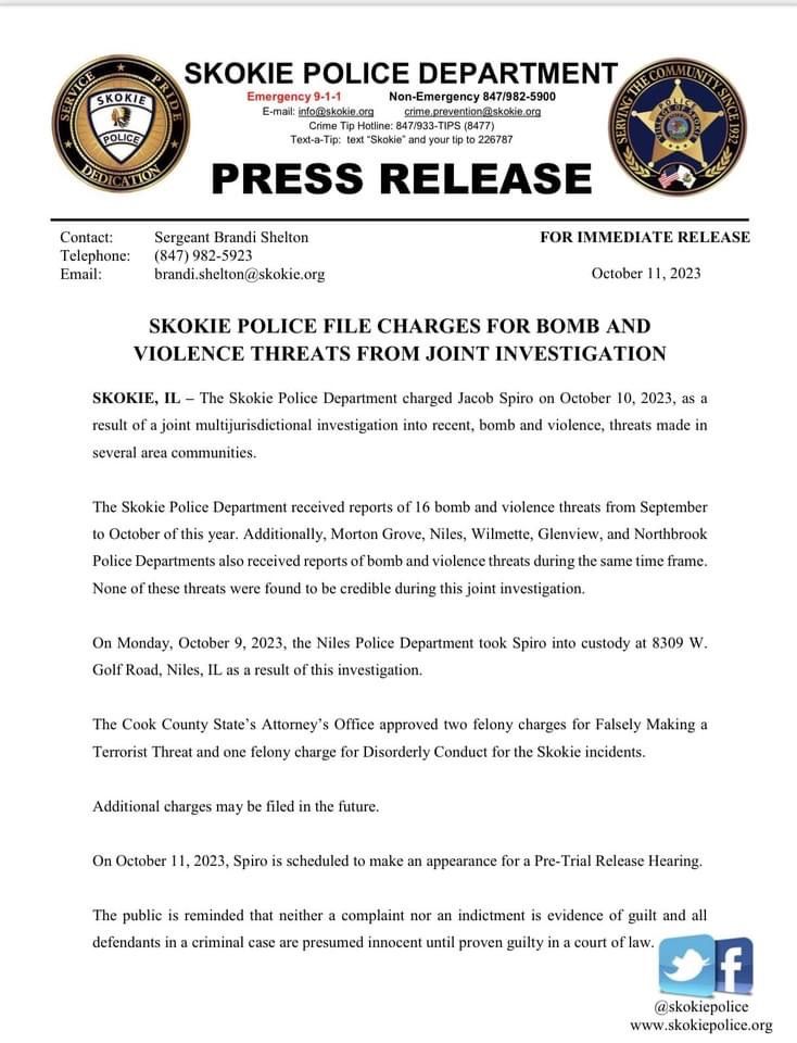 press release from the skokie police department announcing arrest of Jacob Spiro. 
