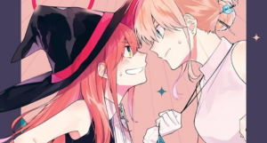 a cropped cover of 5 Seconds Before a Witch Falls in Love showing an illustration of a woman wearing a witch's hat grabbing another woman by her necklace and grinning
