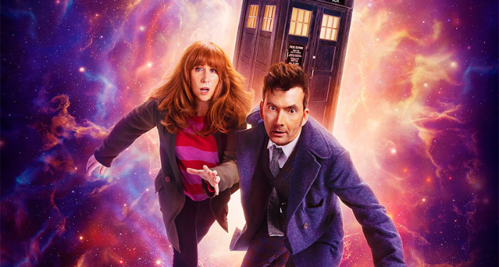 a promotional image of the Tenth Doctor and Donna in space with the Tardis behind them