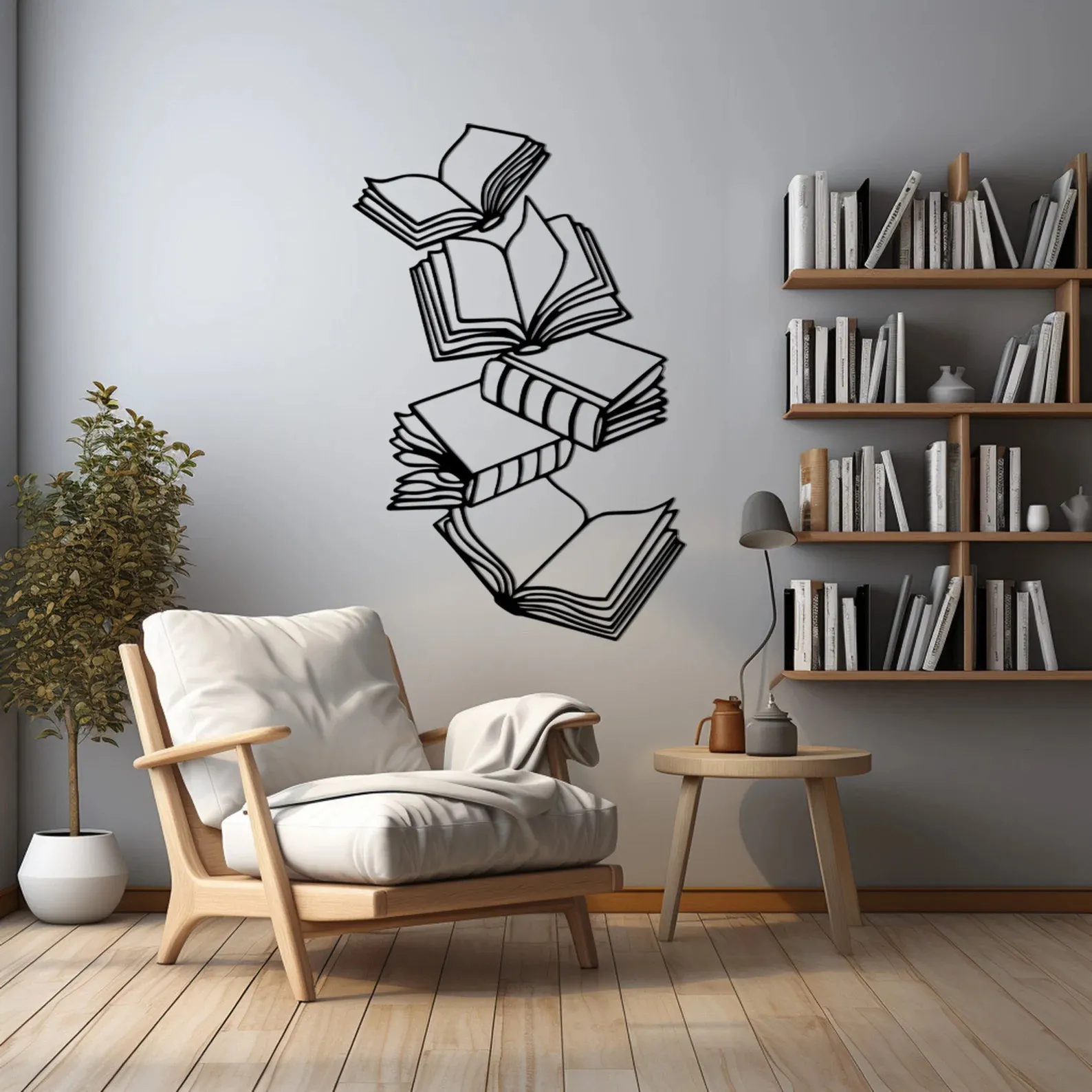 Black metal open books on a white wall next to a bookshelf, chair, plant, and table. 